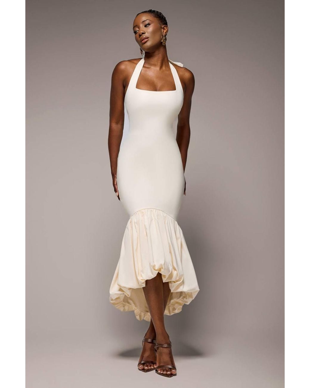 Goddiva Natural Halter Neck Puff Hem Mermaid Midaxi Dress