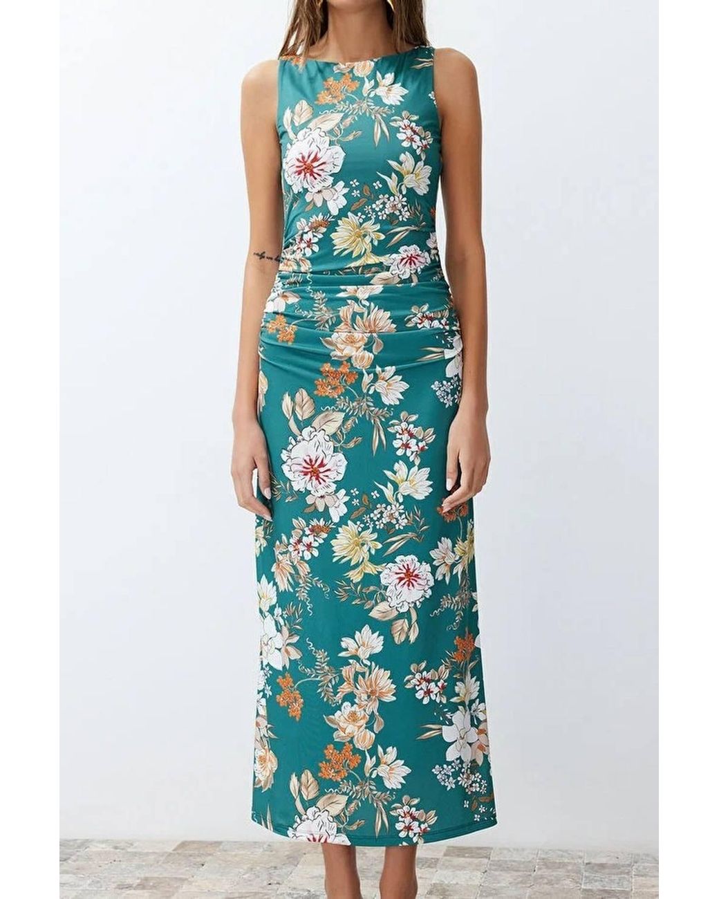 WOVCOR Blue Floral Print Sleeveless Ruched Waist Midi Dress