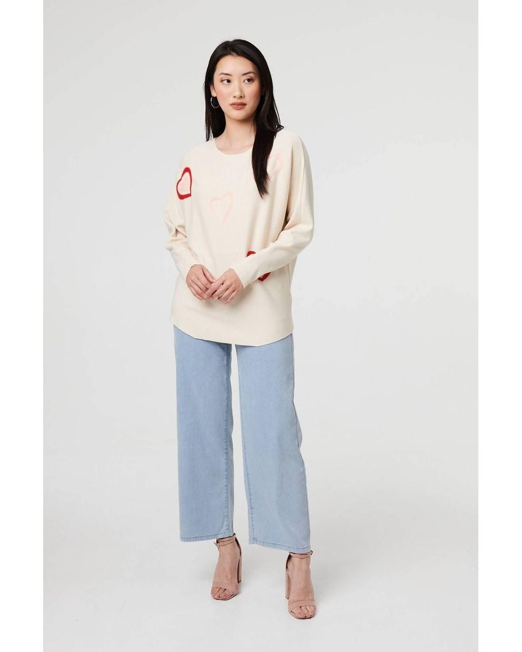 Izabel London Natural Heart Print Batwing Sleeve Jumper