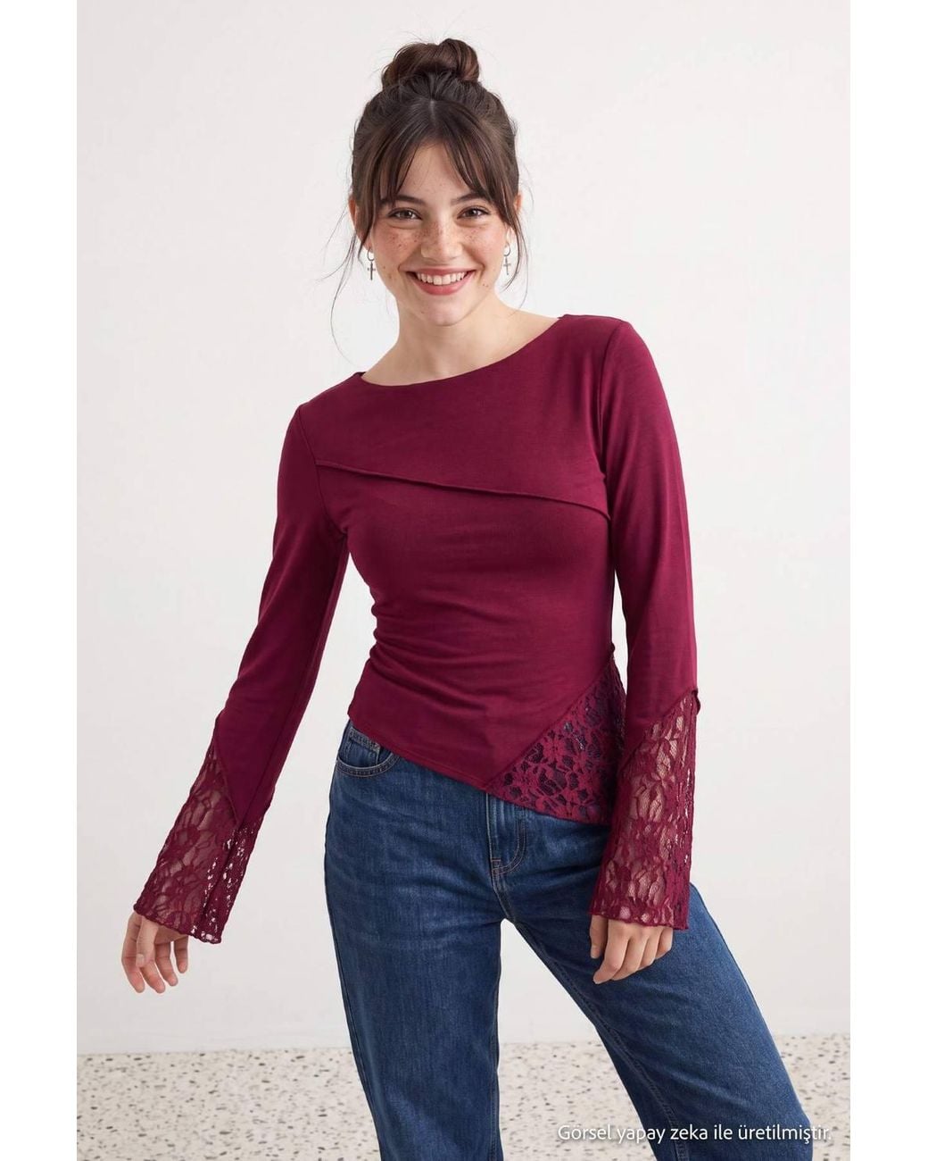 WOVCOR Red Boat Neck Spanish Sleeve Lace Detail Fitted Blouse
