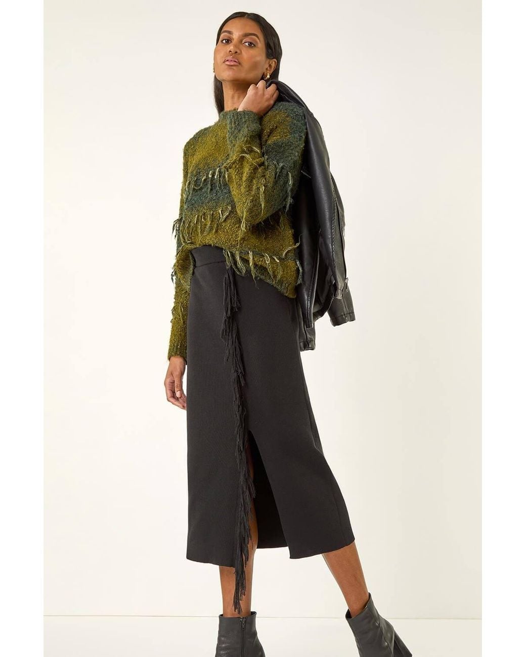 Roman Black Fringe Side Knit Midi Pencil Skirt
