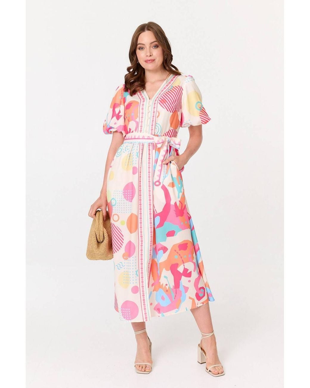 Izabel London Pink Abstract Short Puff Sleeve Midi Dress