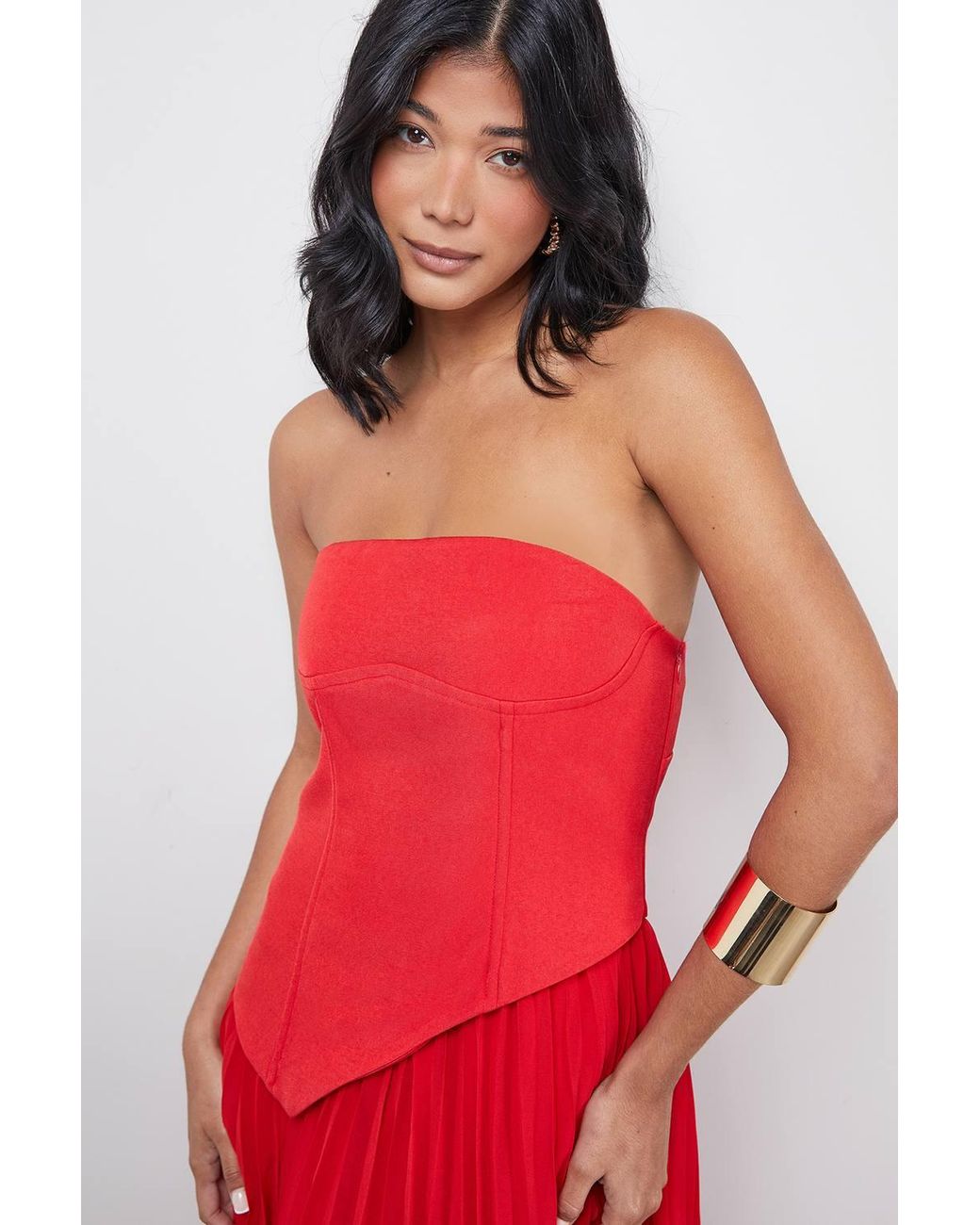 Warehouse Red Bandeau Bodice Pleated Chiffon Midi Dress