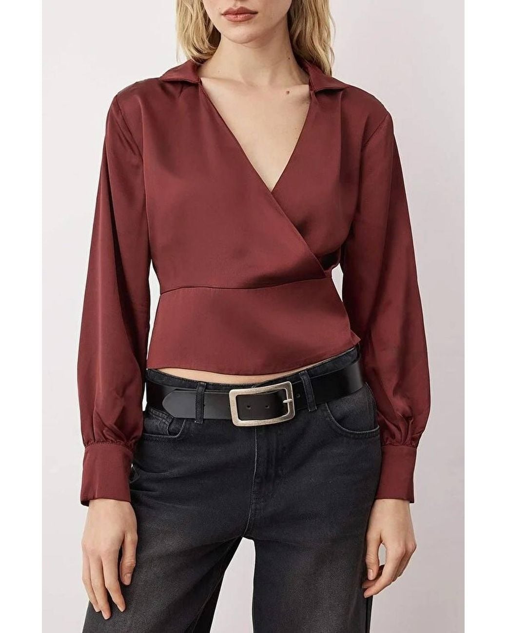 WOVCOR Red Satin Woven Wrap Blouse W/ V Neck Detail