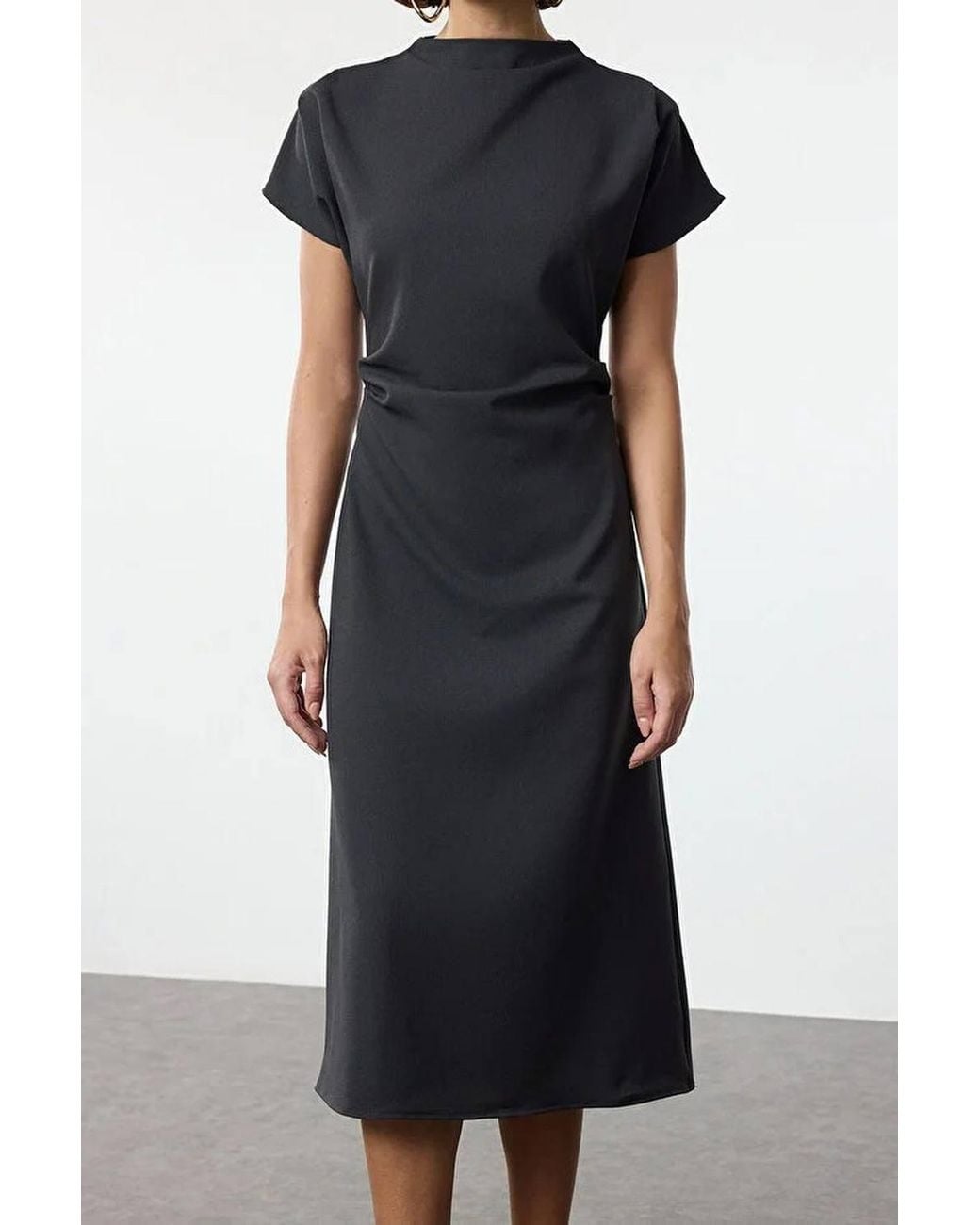 WOVCOR Gray Draped High Neck Midi Dress