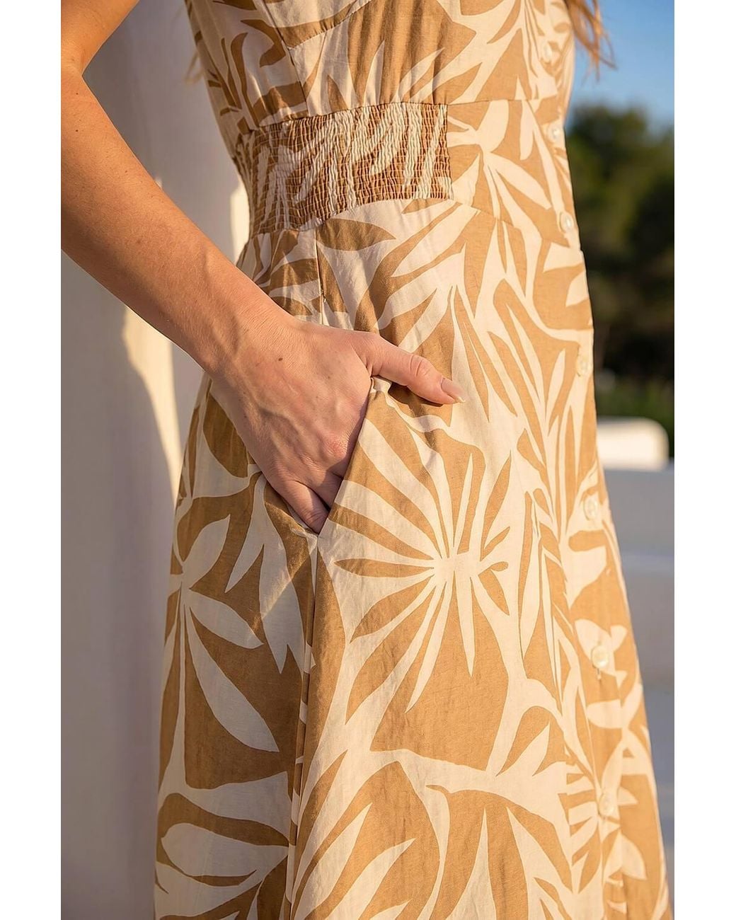 Roman Natural Abstract Print Button Midi Dress