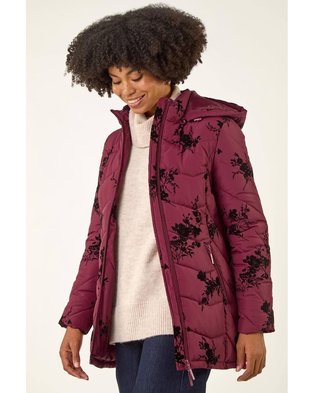 Roman Red Floral Flock Padded Coat