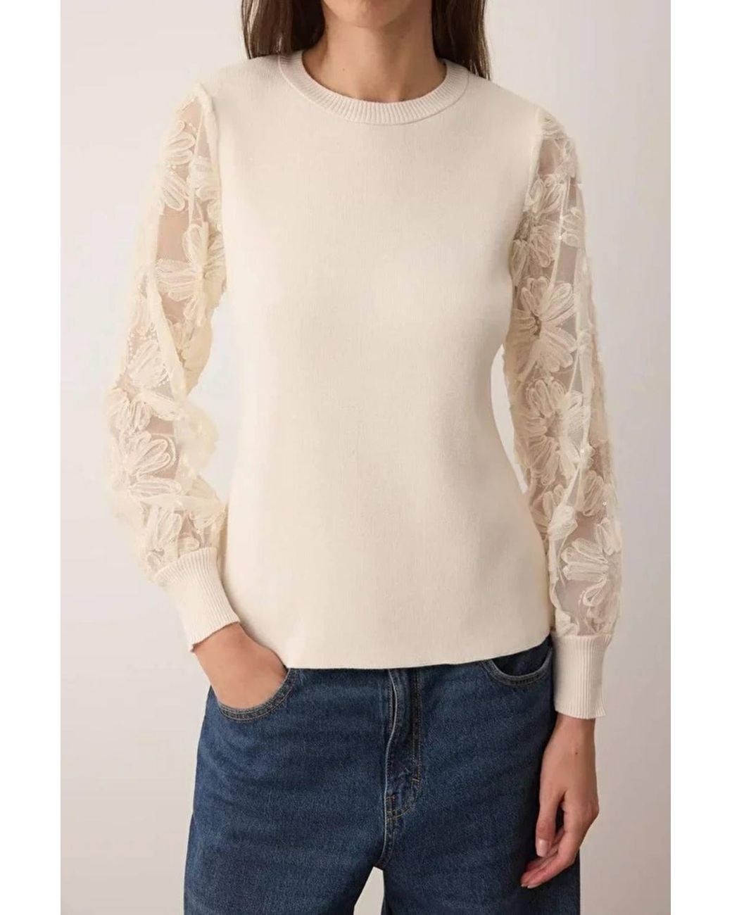 WOVCOR Natural Knitted Crew-Neck Sweater W/ Sheer Tulle Floral Sleeves