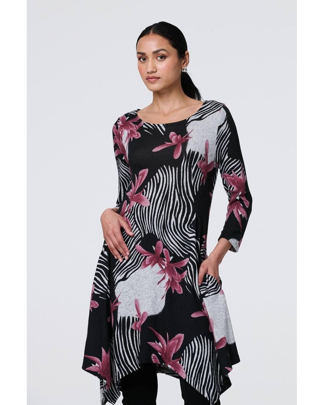 Izabel London Blue Abstract Print Hanky Hem Knee Length Dress