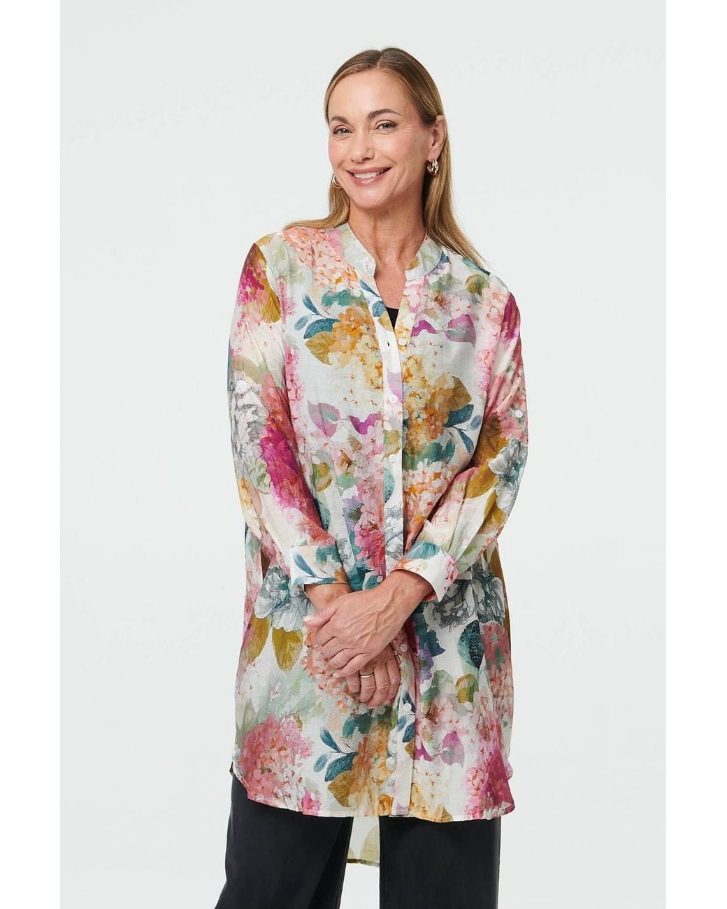 Izabel London Red Floral Long Sleeve Longline V-Neck Shirt