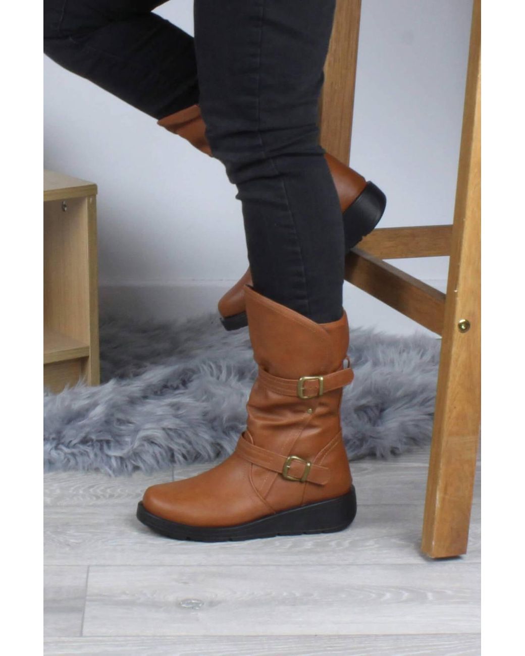 AJVANI Brown Low Wedge Heel Comfort Calf Biker Boots