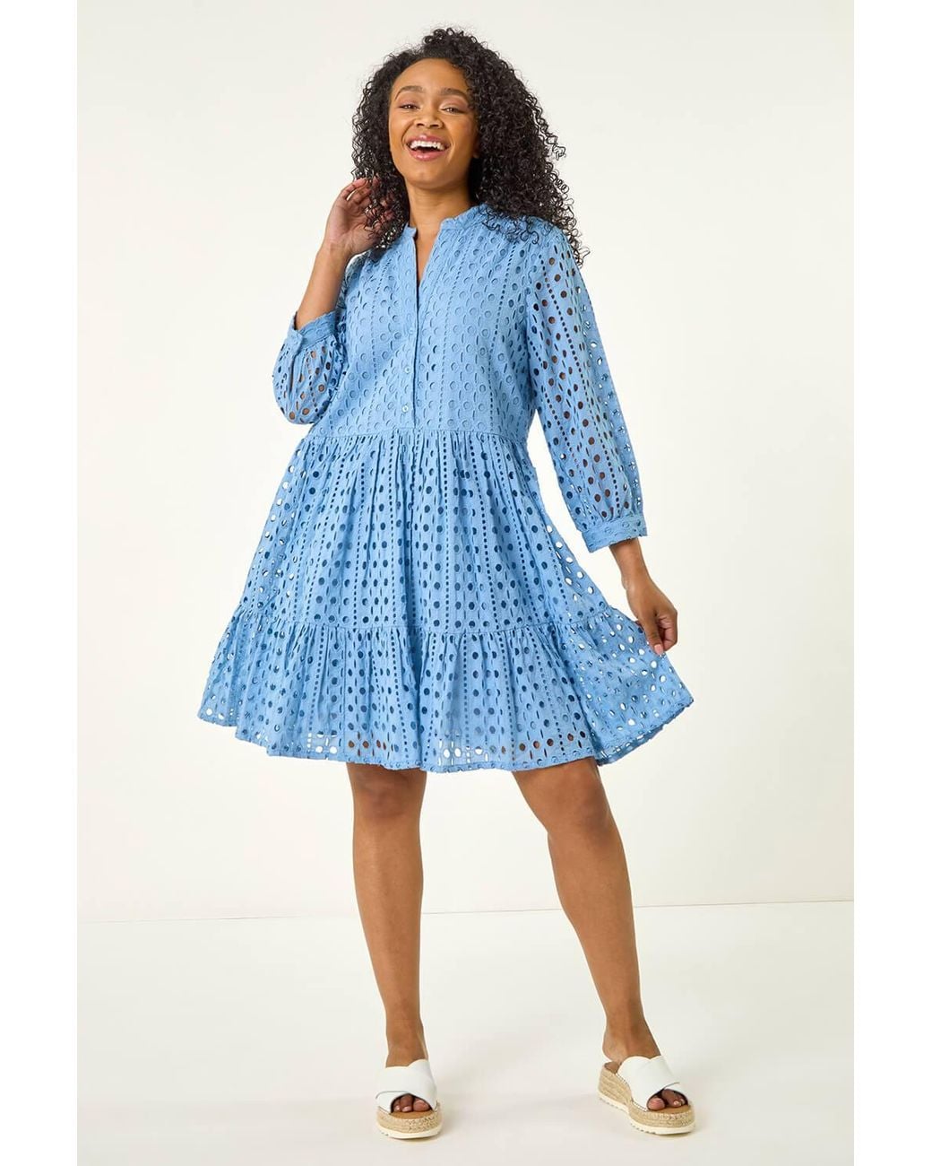 Roman Blue Petite Broderie Tiered Dress