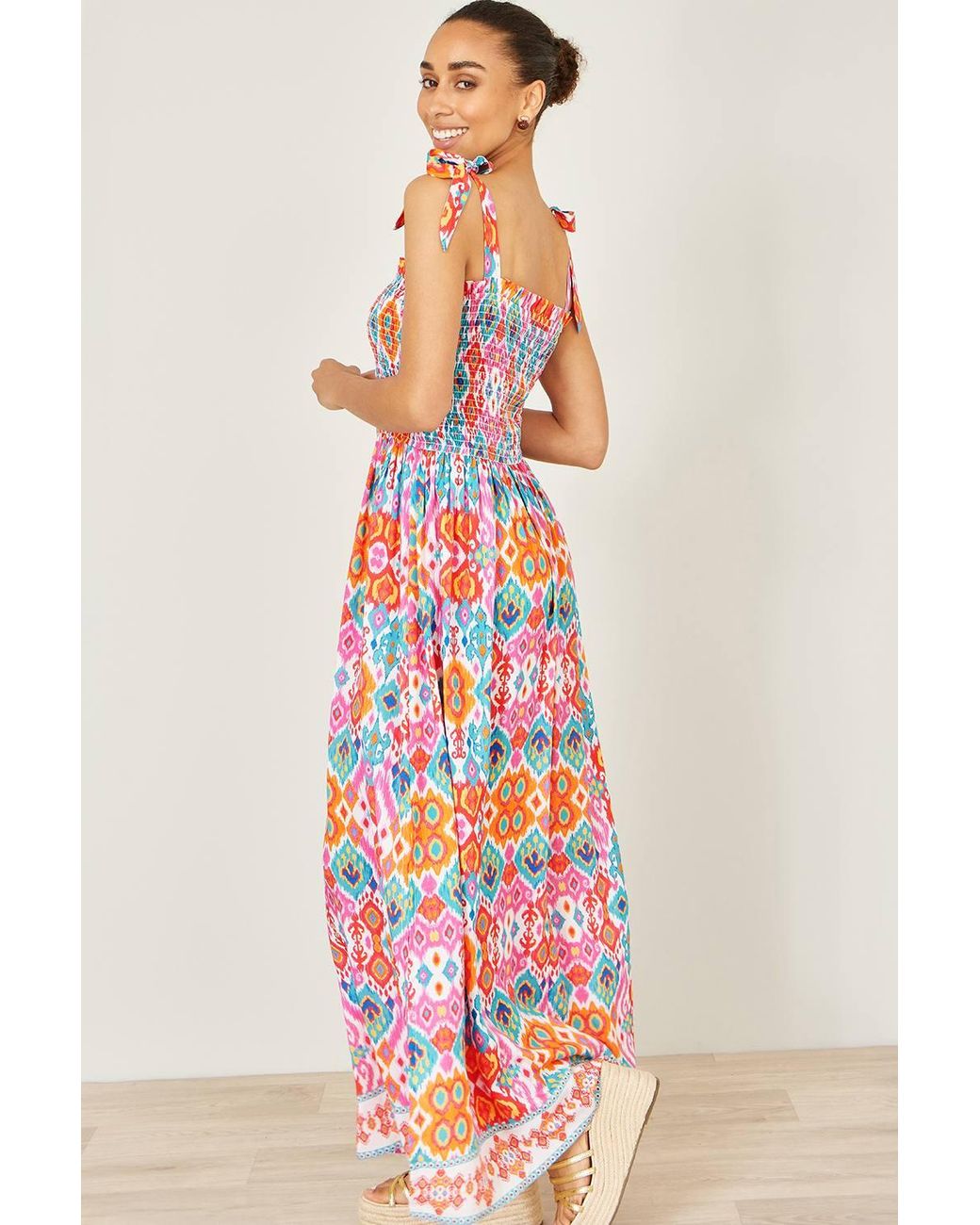 Yumi' Red Multicolour Ikat Print Maxi Viscose Sun Dress