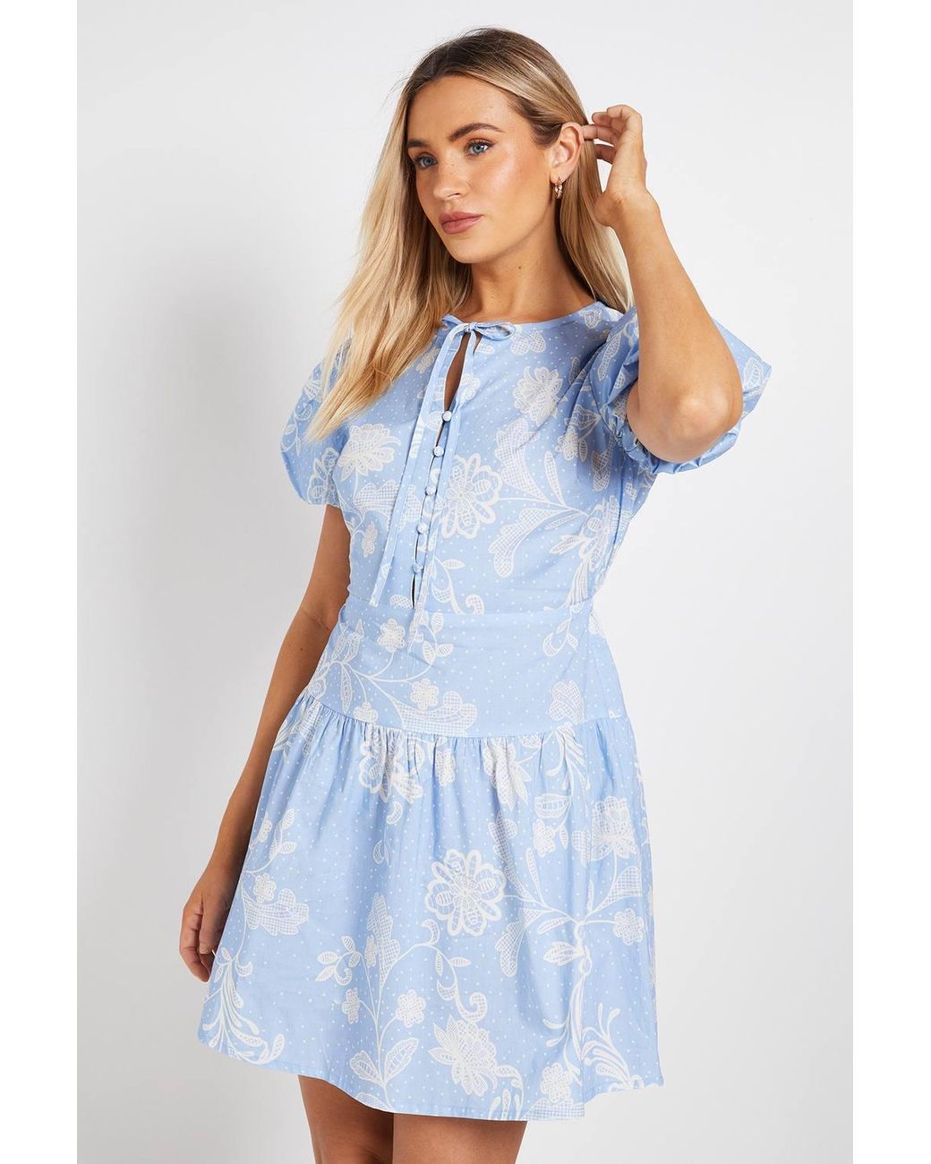 Dorothy Perkins Blue Tie Front Button Detail Puff Sleeve Mini Dress