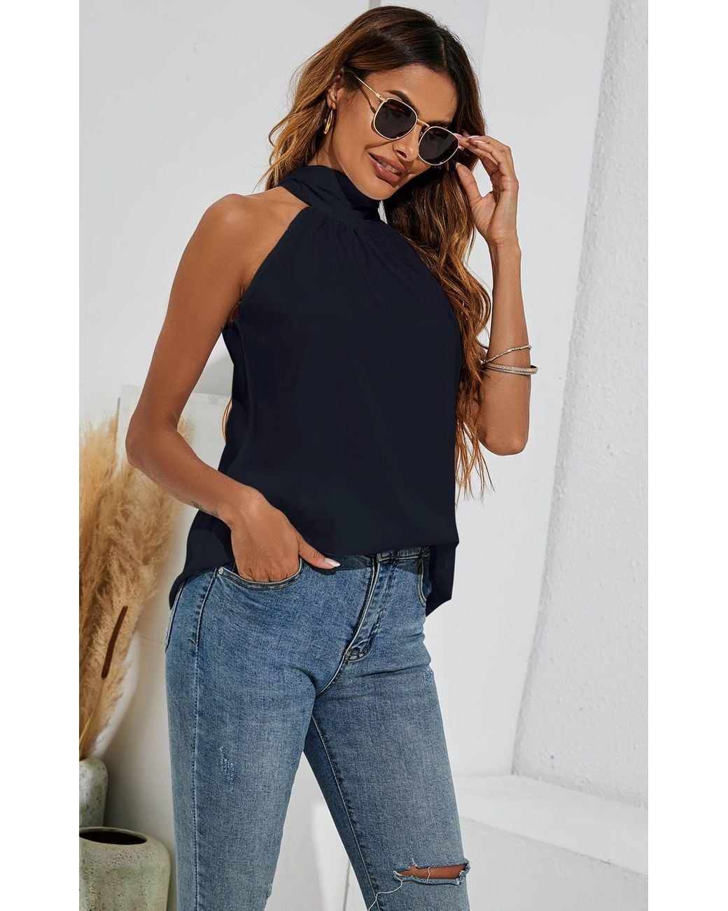 FS Collection Blue Halter Neck Tie Back Top