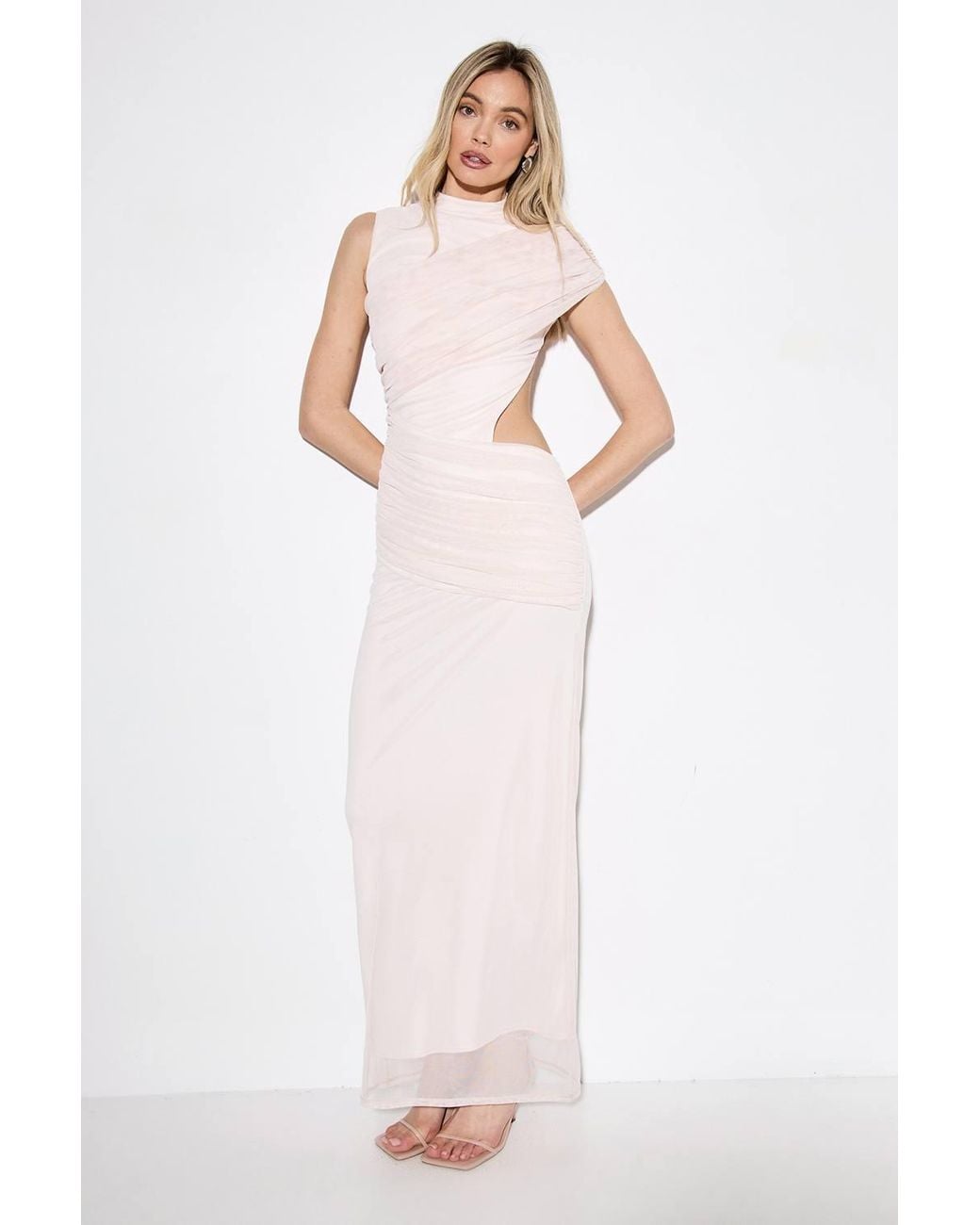 MissPap Pink Gathered Mesh Cut Out High Neck Maxi Dress