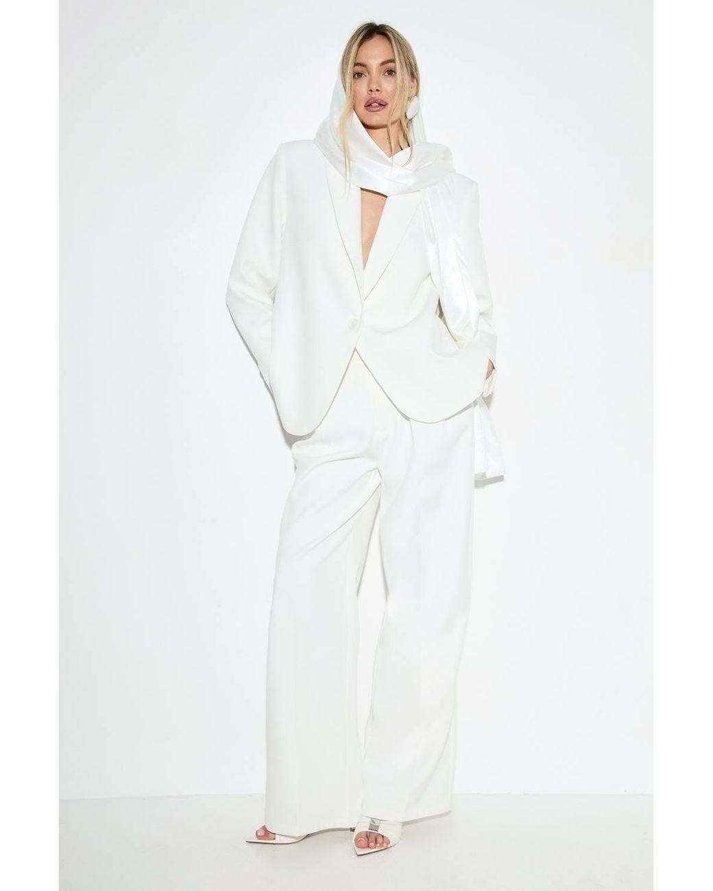 MissPap White Satin Scarf Detail Longline Blazer