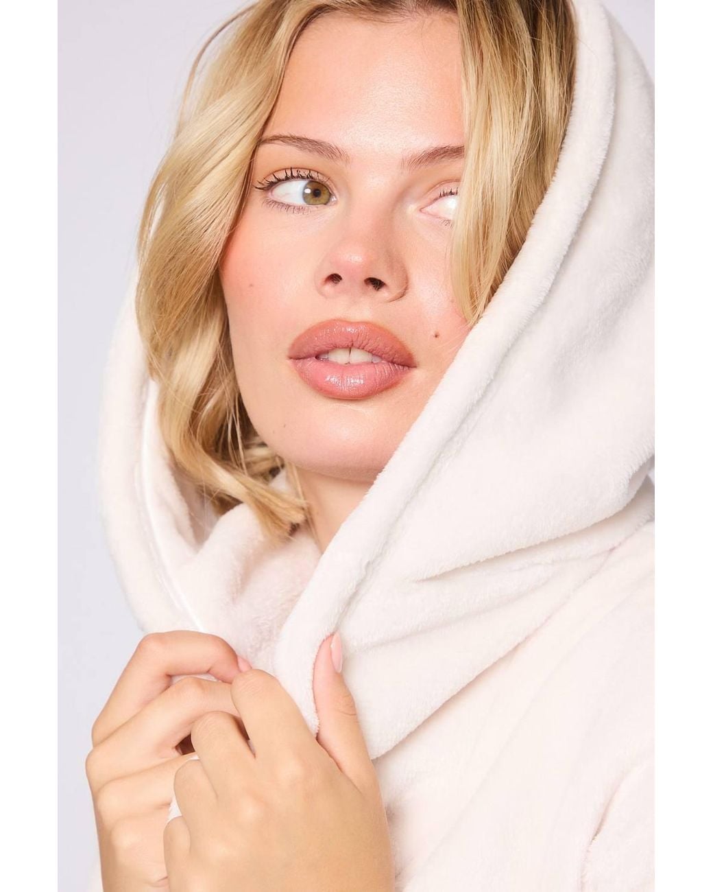 Loungeable White Ribbon Trim Luxury Fleece Maxi Hooded Dressing Gown