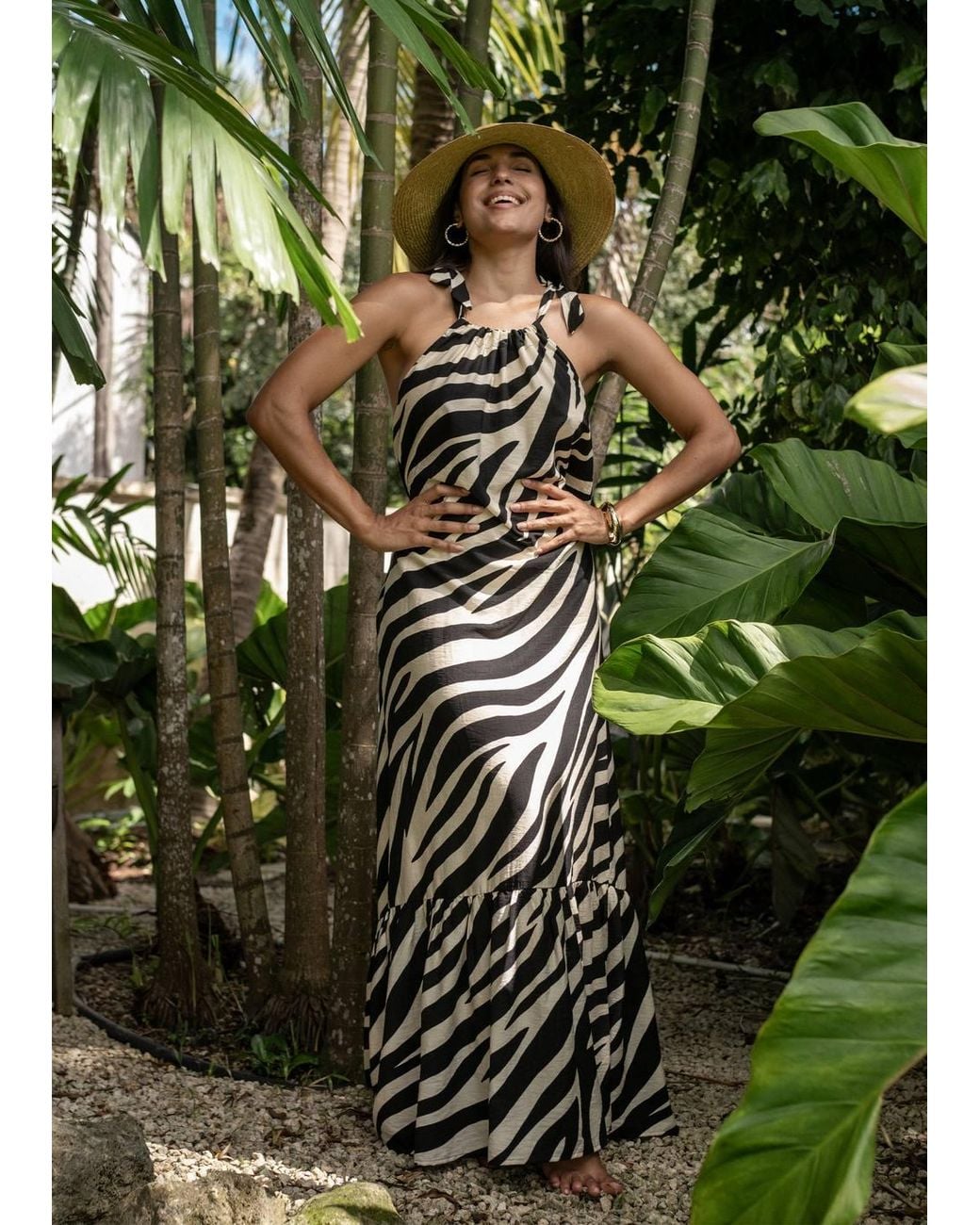 Gini London Green Mono Zebra Print Tie Shoulder Maxi Dress