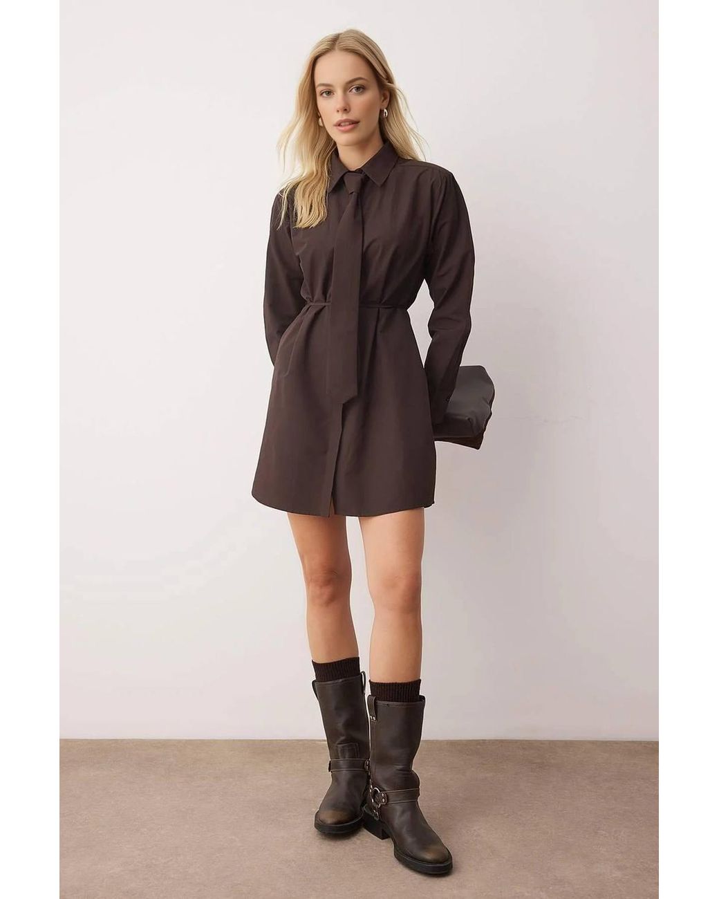 WOVCOR Brown Tie Detail Mini Woven Shirt Dress