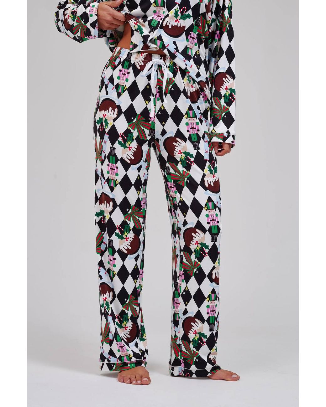 Loungeable White Christmas Argyle Ls Button Down Traditional Pyjama Set