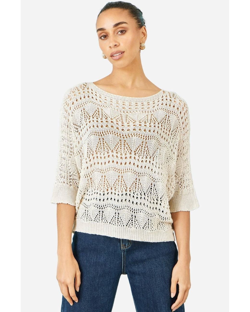 Yumi' White Cotton Mix Relaxed Fit Pointelle Jumper