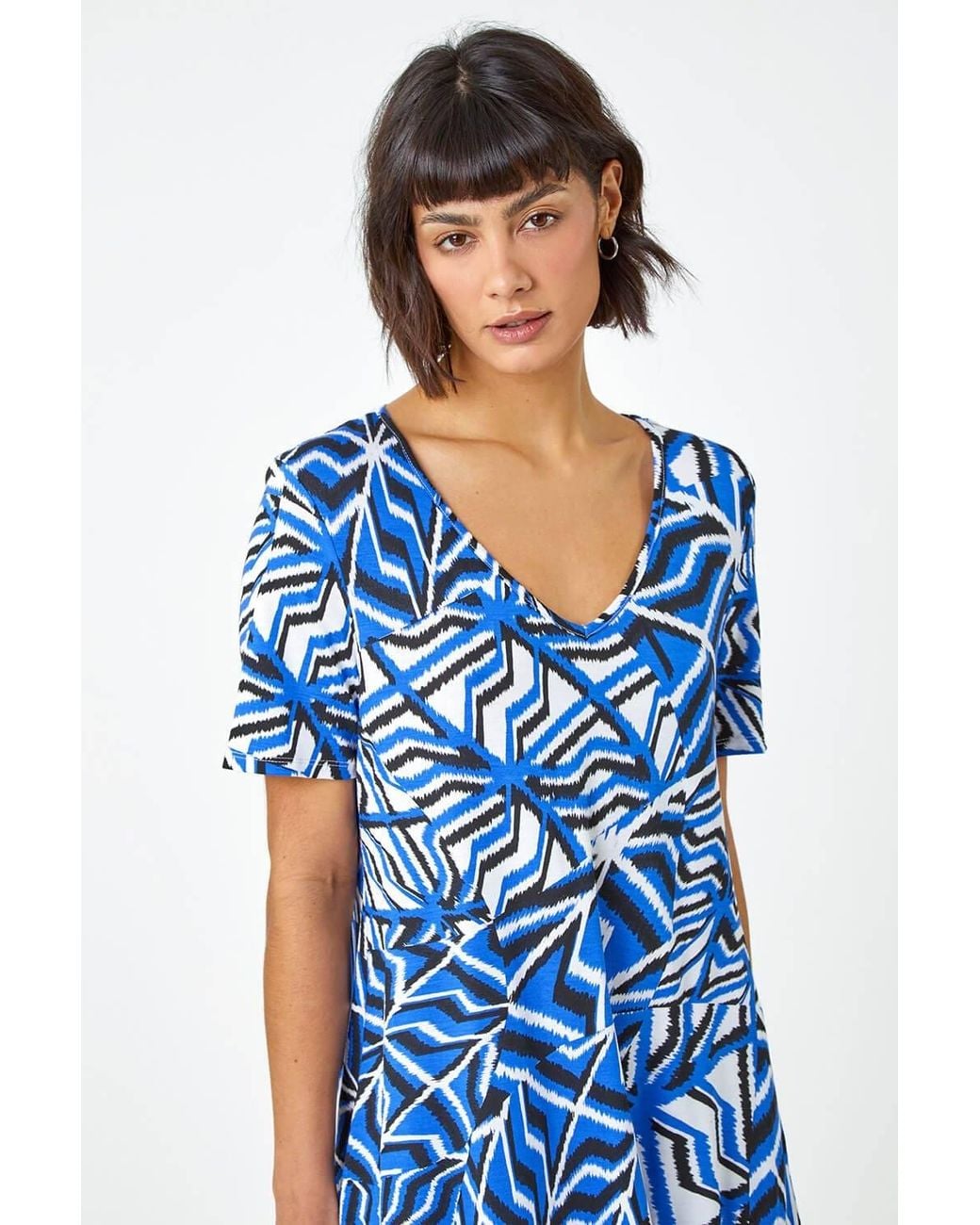 Roman Blue Abstract Print V-Neck Jersey Tunic Top