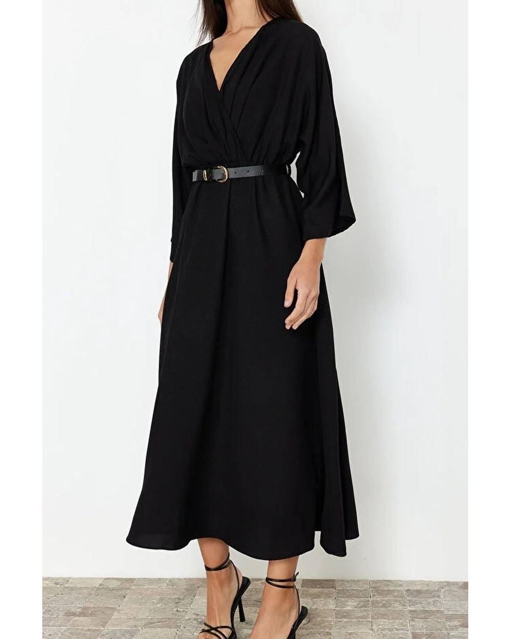 WOVCOR Black Belted A-Line Wrap Collar Batwing Sleeve Midi Dress