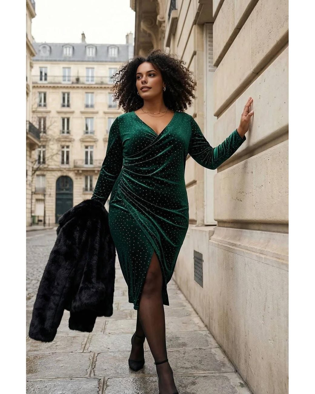 WOVCOR Green Embellished Ruched Velvet Midi Wrap Dress W/ Side Split