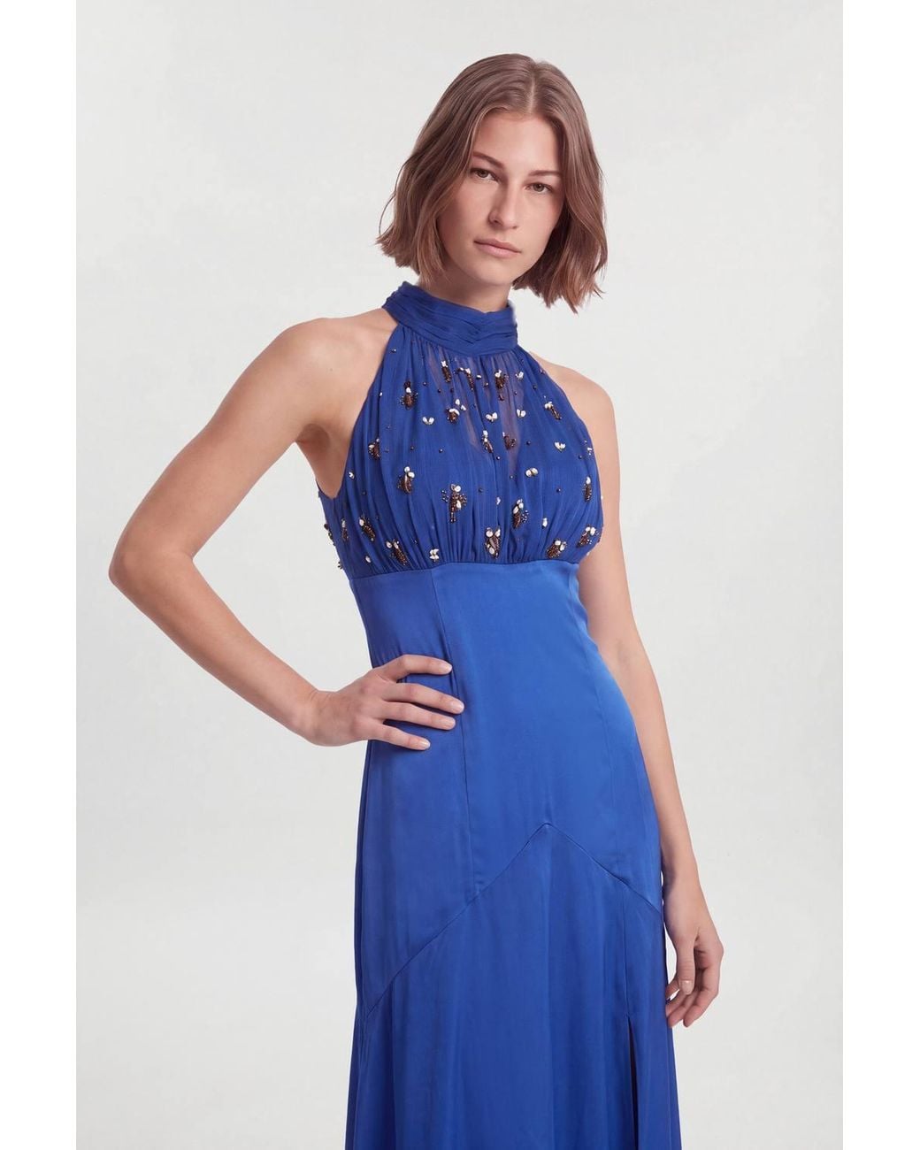 Karen Millen Blue Petite Crystal Halterneck Satin Maxi Gown Dress