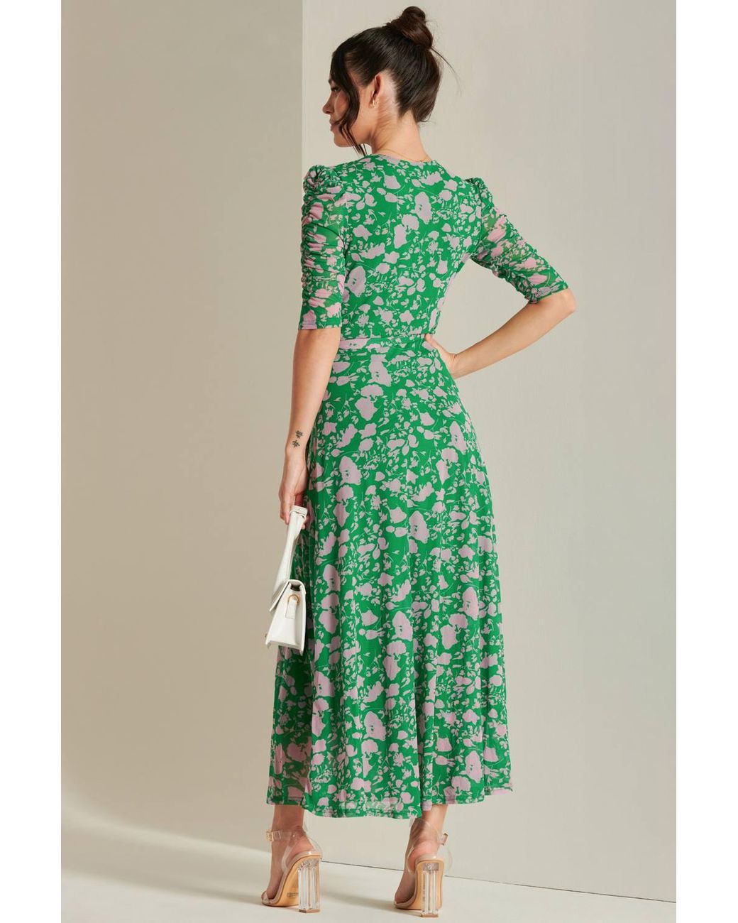 Jolie Moi Green Daliyah Wrap Front Mesh Maxi Dress
