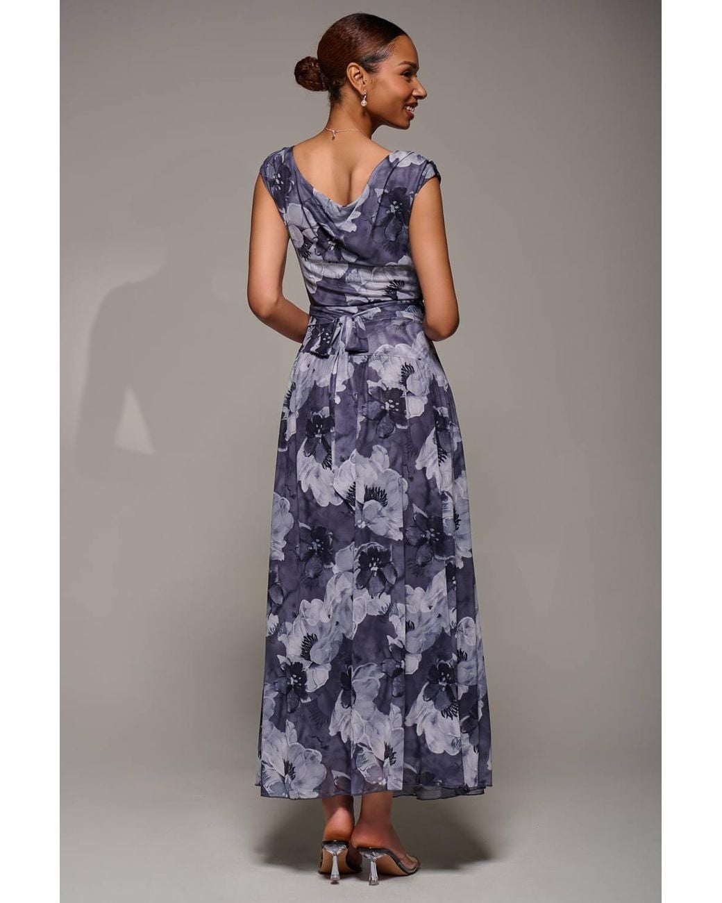 Jolie Moi Blue Asymmetric Draped Mesh Maxi Dress