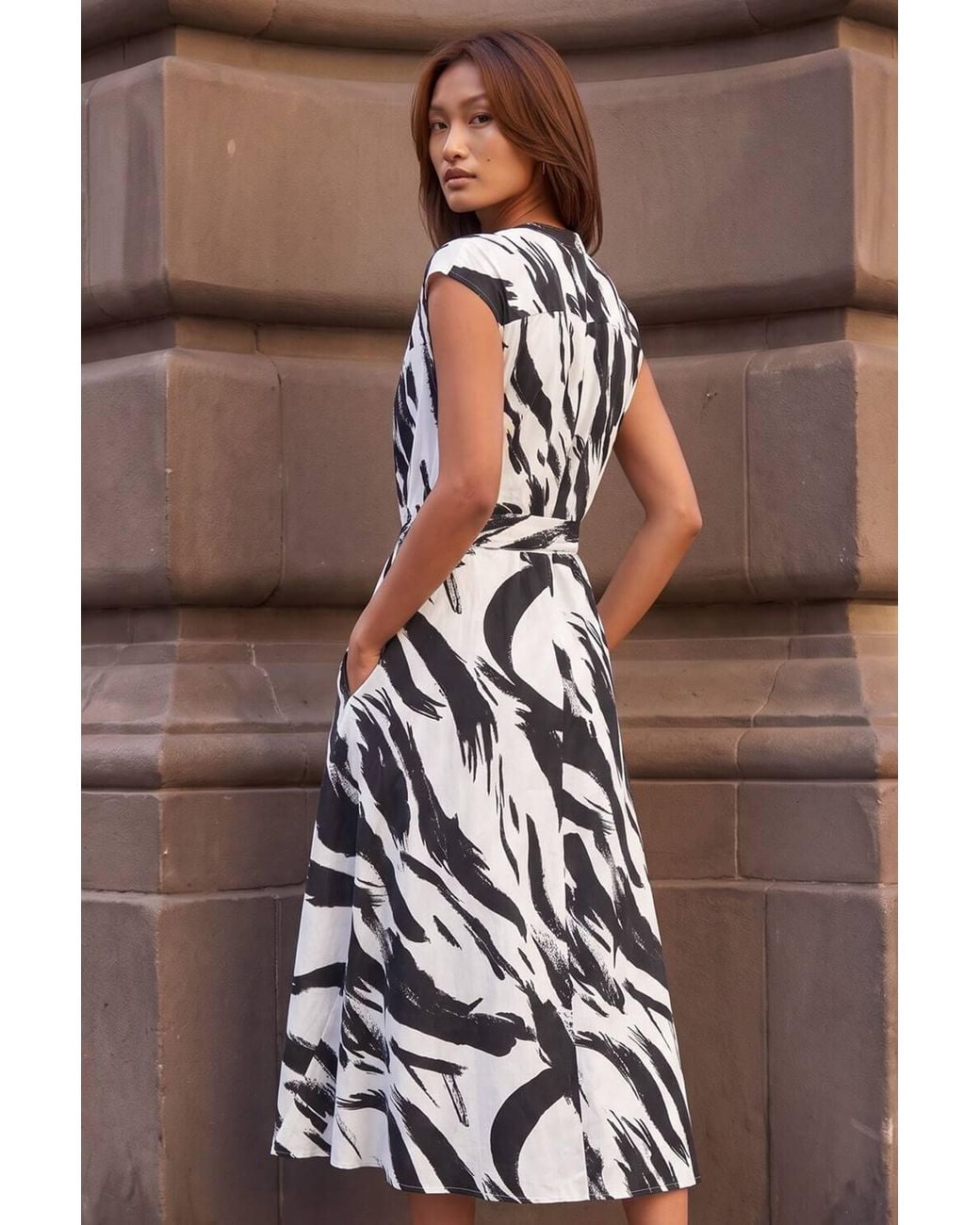 Roman Brown Brushstroke Linen Mix Midi Dress
