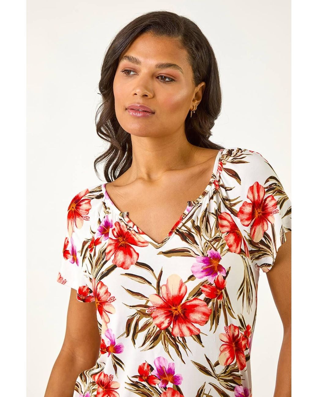 Roman Red Floral Print Notch Neck Stretch Top