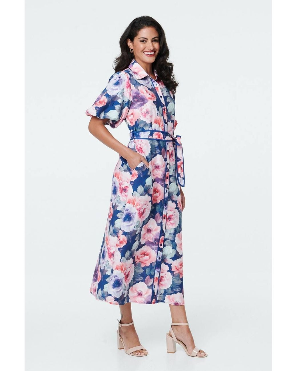 Izabel London Blue Floral 1/2 Puff Sleeve Tie Midi Dress