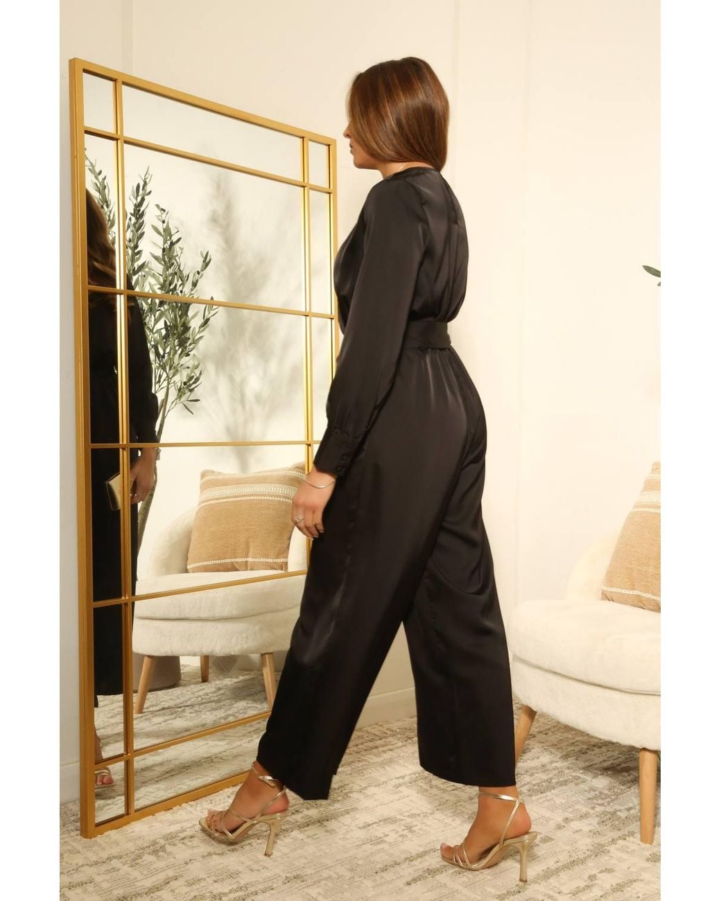 Double Second Black Lux Satin Wrap Jumpsuit