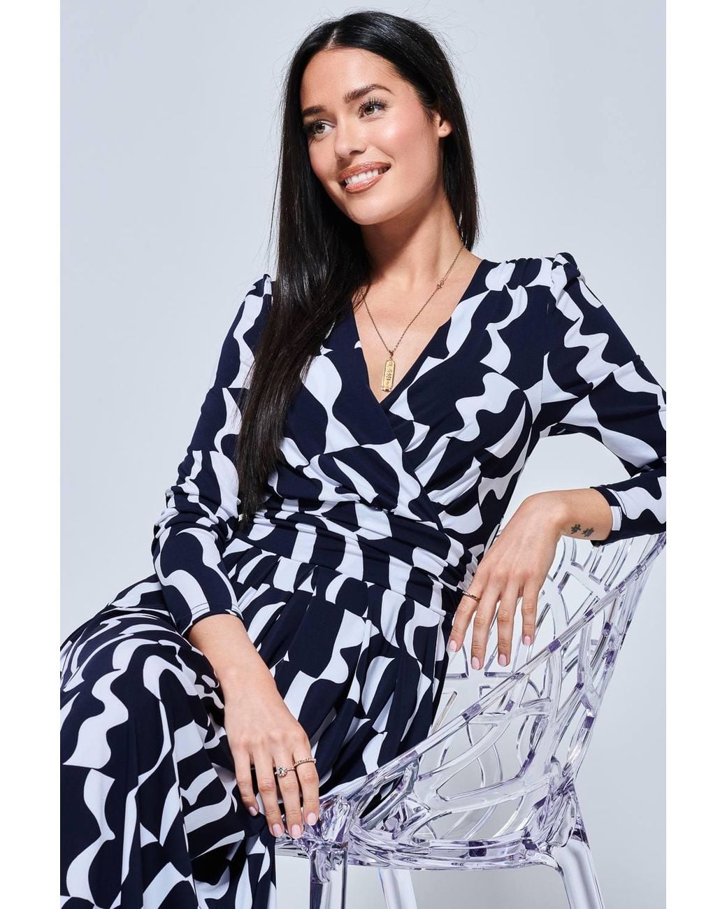 Jolie Moi Blue Geometric Print Long Sleeve Maxi Dress