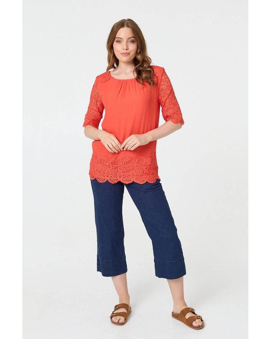 Izabel London Red Lace Trim Semi Sheer 1/2 Sleeve Blouse