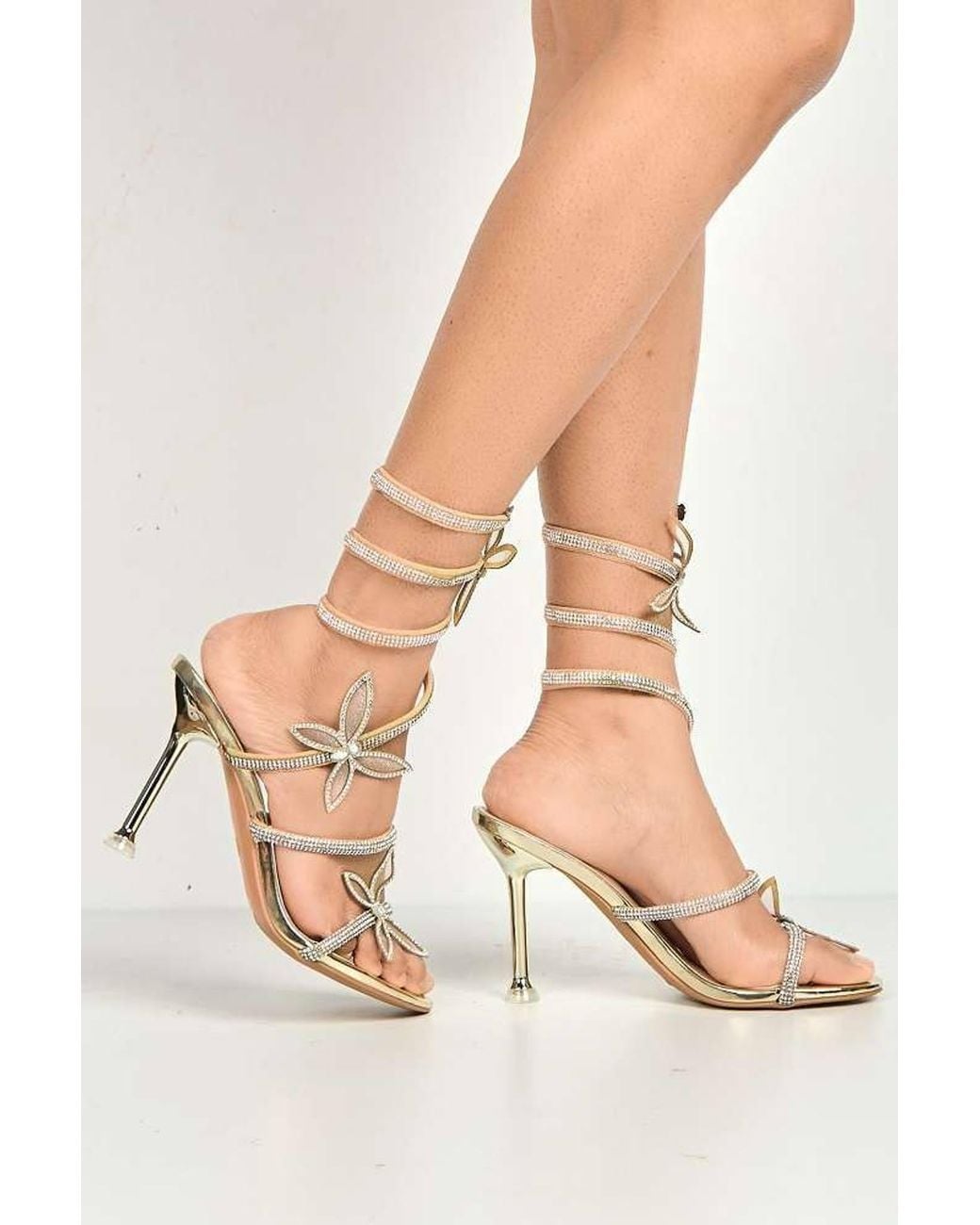 Miss Diva Natural Toki Butterfly Detail Diamante Heeled Sandals