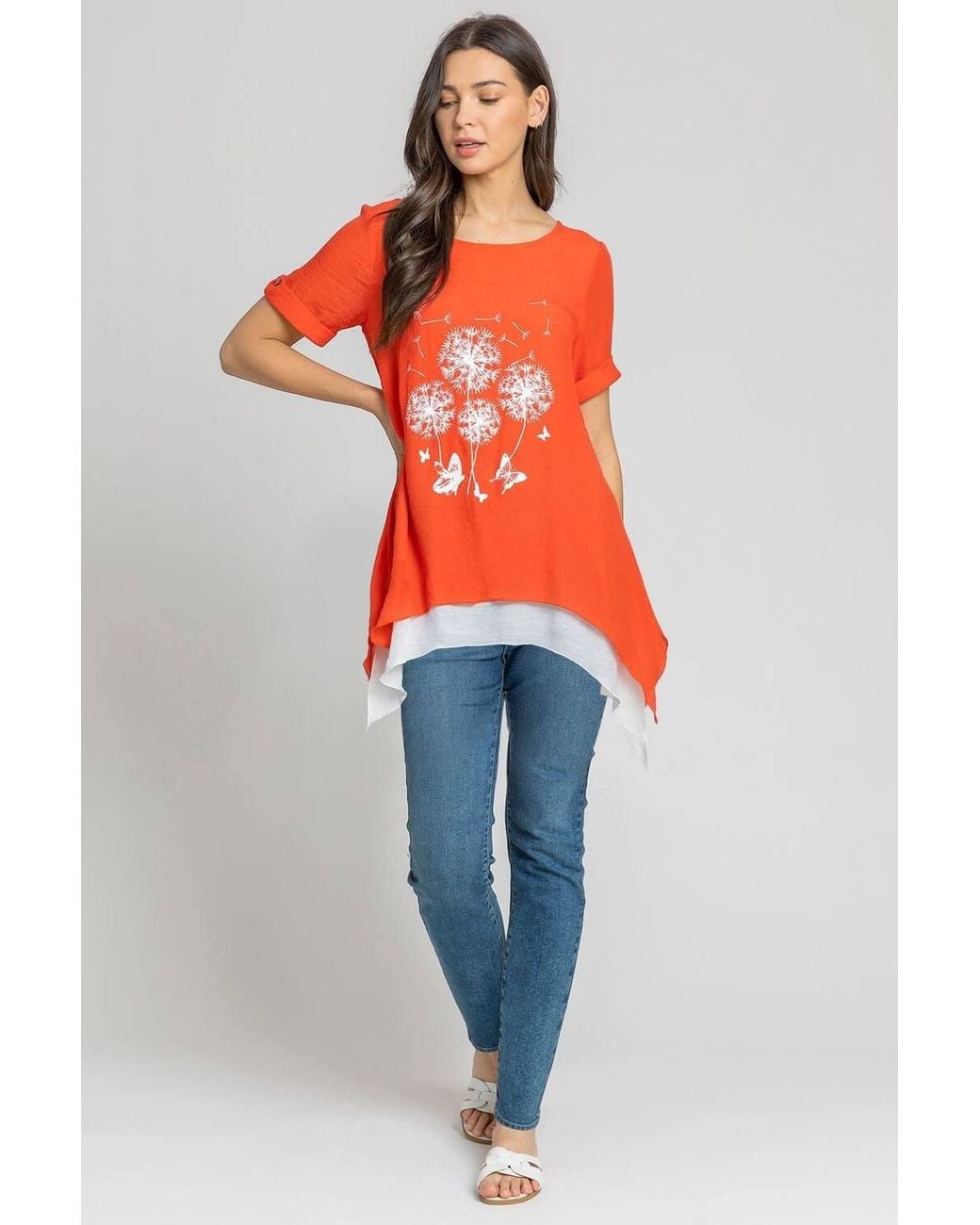 Roman Orange Dandelion Floral Hanky Hem Tunic Top