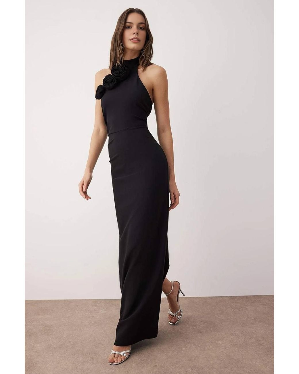WOVCOR Black Woven Maxi Elegant Evening Dress W/ Rose Detail