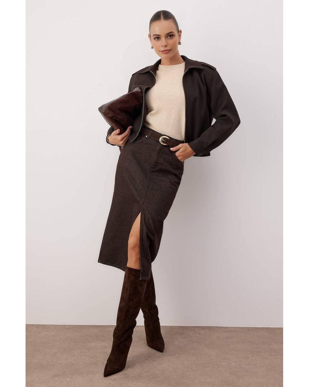 WOVCOR Brown Denim Midi Skirt