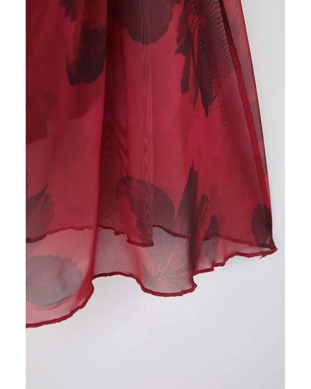 WOVCOR Red Floral Print Ruched Mesh Midi Dress W/ Long Sleeves
