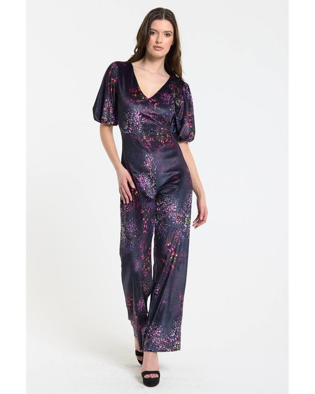 Liquorish Blue Floral Printed Velvet Wide Leg Jumpsuit