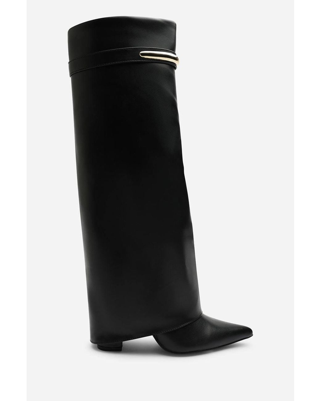 Where's That From Black Nareva Fold Over Shark Block Heel Point Toe Boots W/ Trim Detail