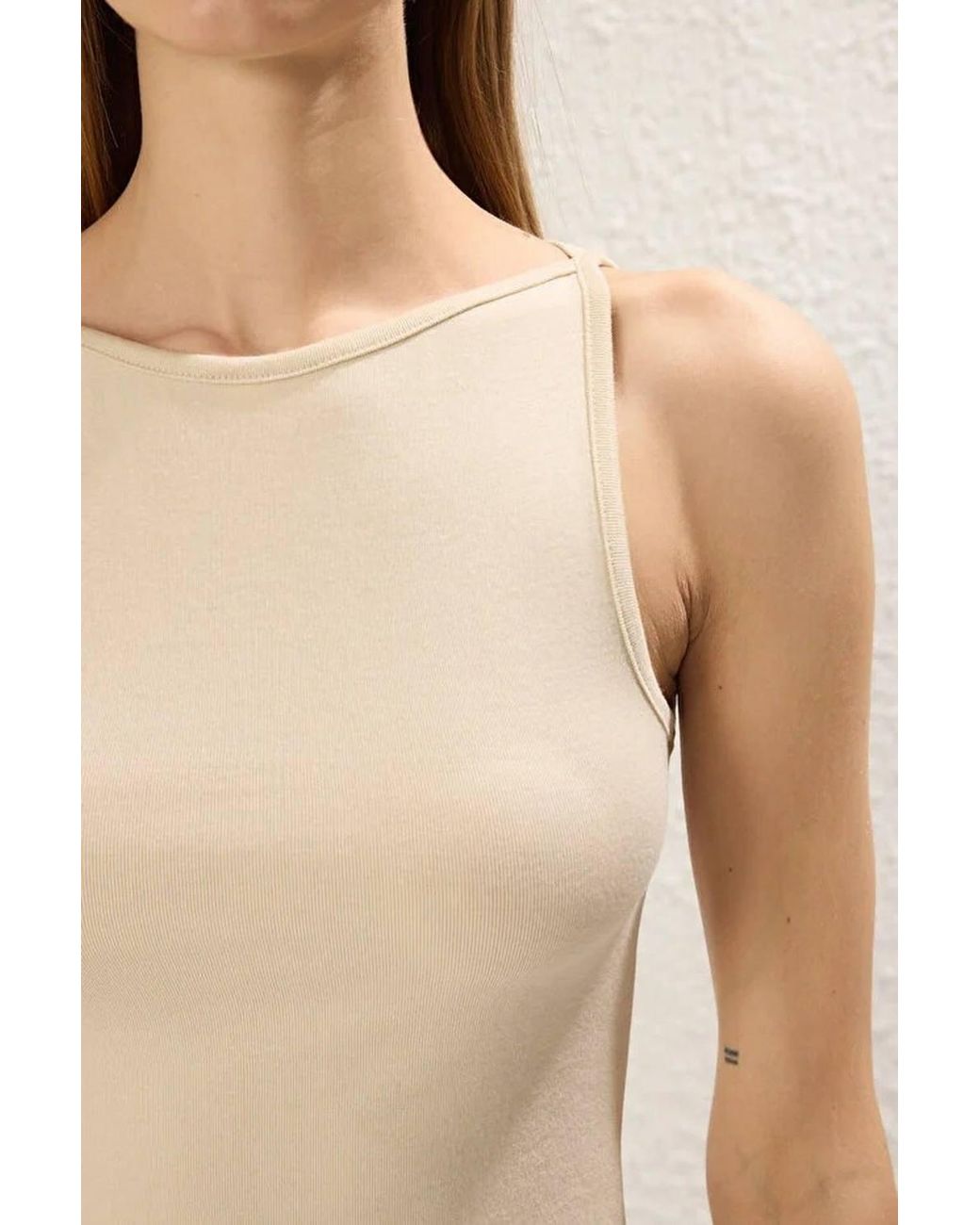 WOVCOR Blue Sleeveless Slash Neck Slim Fit Cropped Stretch Top