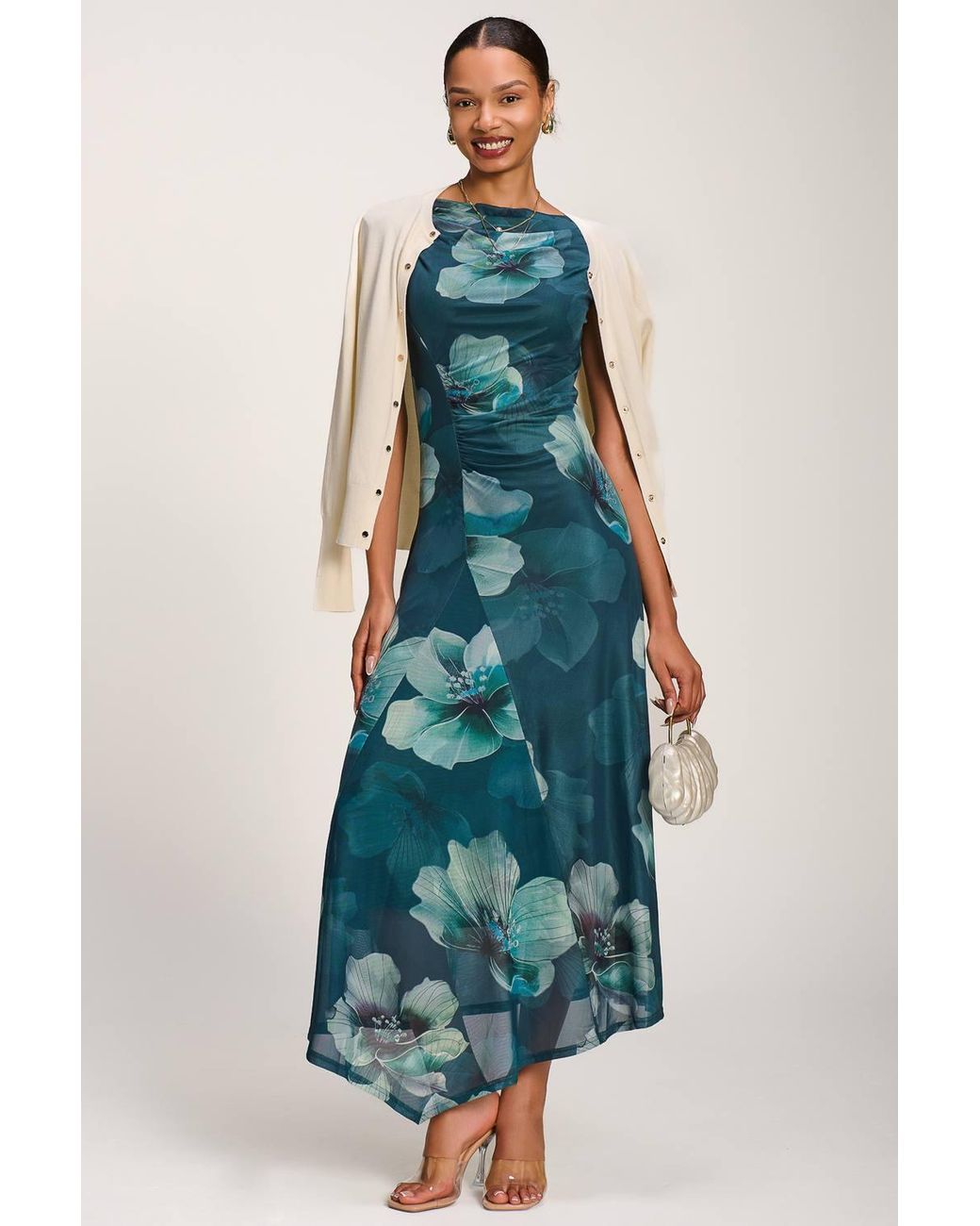 Jolie Moi Blue Asymmetric Draped Mesh Maxi Dress