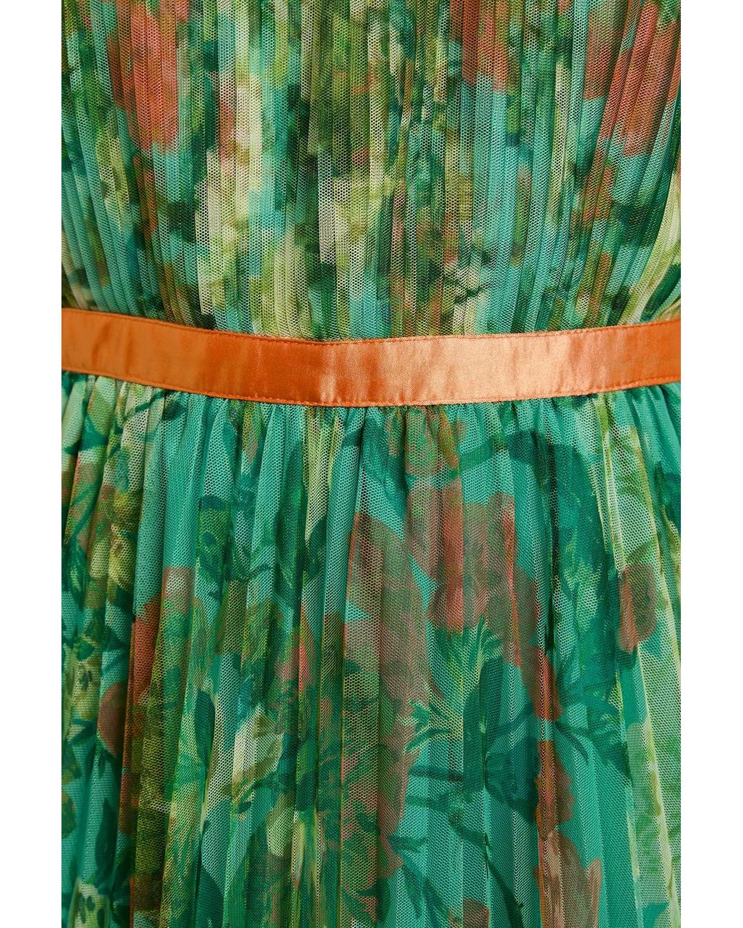 Oasis Green Printed Pleated Mesh Midi Dress With Flutter Sleeve