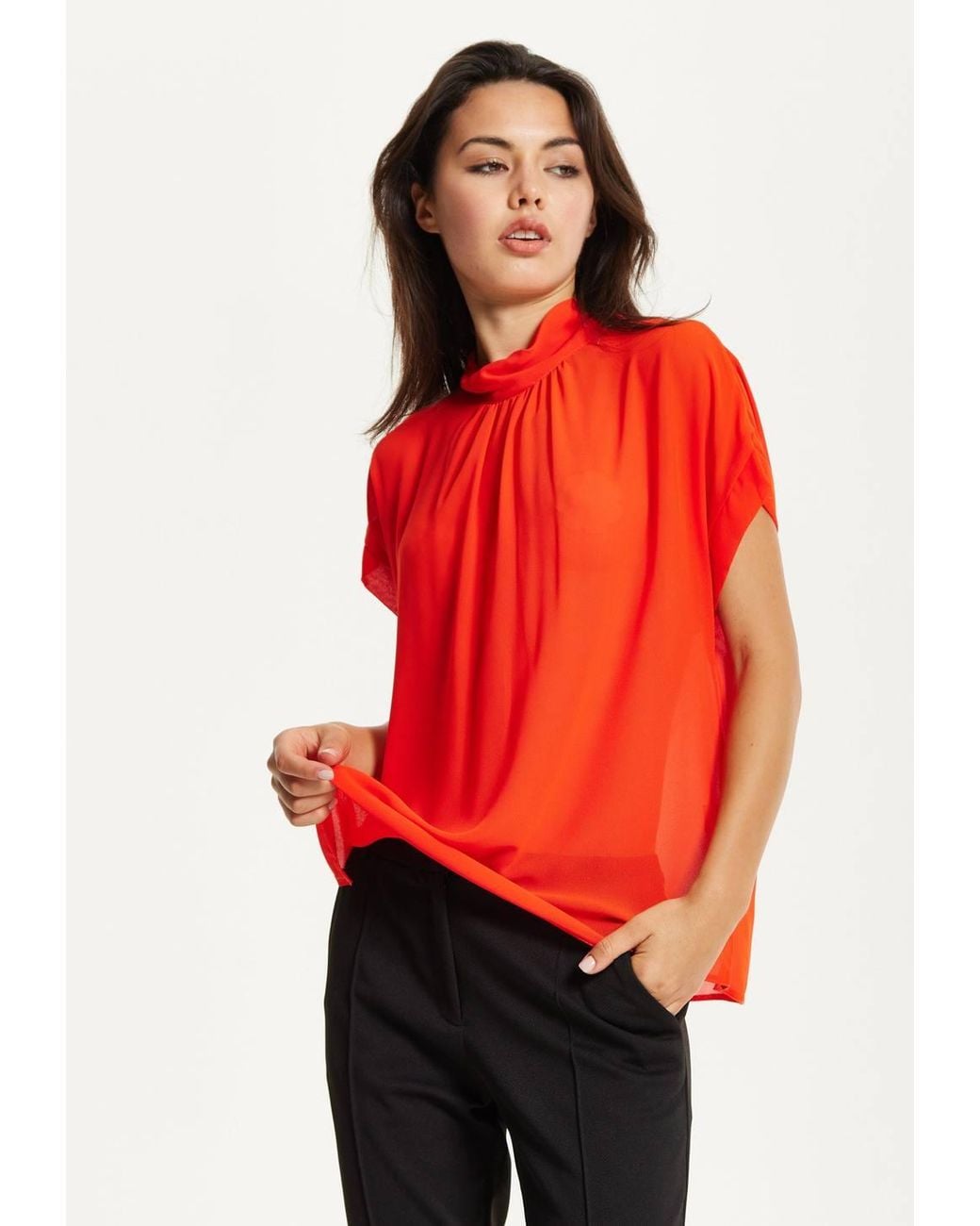 Liquorish Red High Neck Tie Back Top