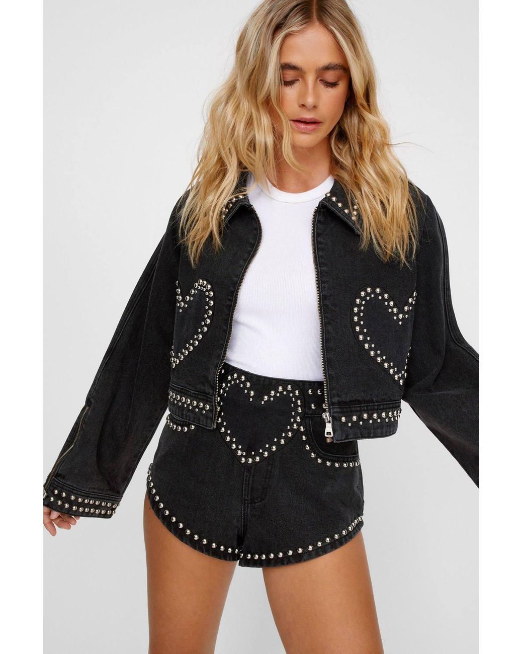 Nasty Gal Black Heart Studded Cropped Jean Jacket